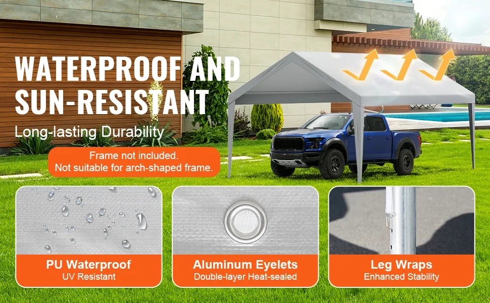 VEVOR Carport Replacement Canopy Cover Garage Top Tent Shelter Tarp Heavy-Duty Waterproof & UV Protected (Frame Not Include)