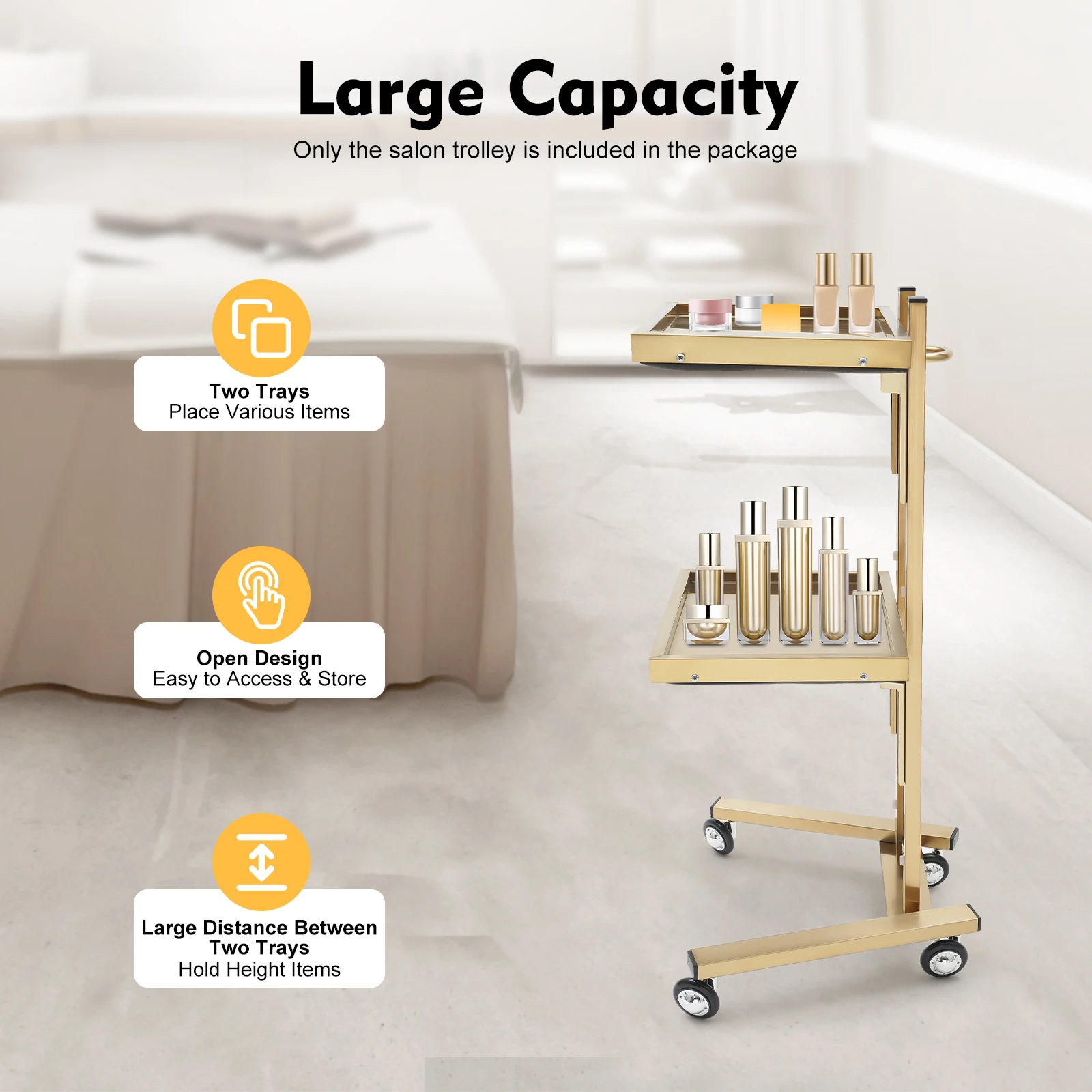 Salon Trolley, Beauty Cart, Rolling Hairdressing Trolley, Stainless Steel Gold Finish, Anti-Rust Multi-Layer Storage Organizer, 4 Wheels, Easy Move, Noise Reduction Tray, Leather Back, Salon Spa Tool Holder for Barber Beauty Shop