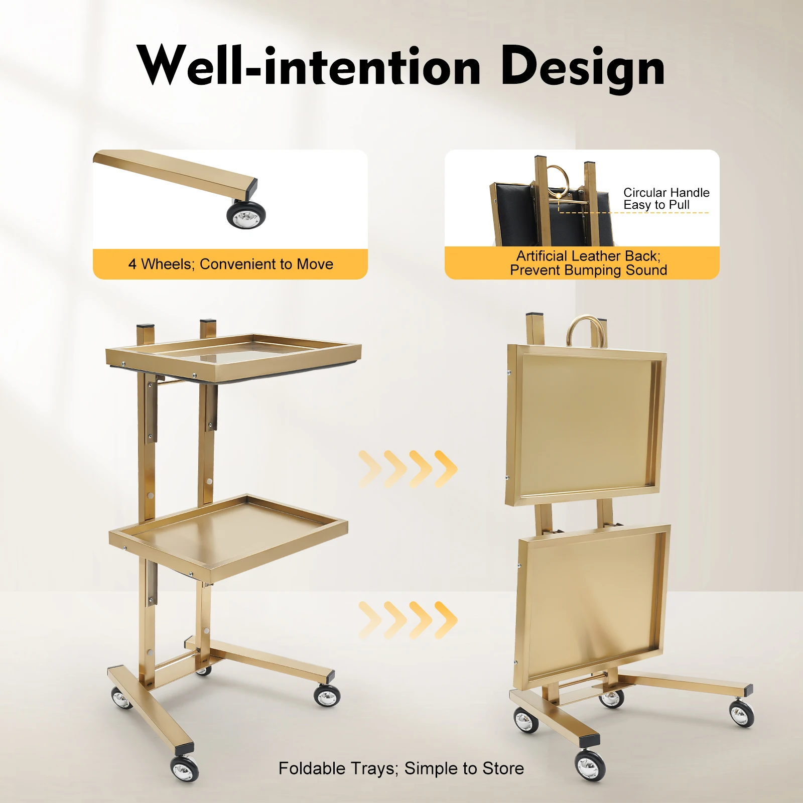 Salon Trolley, Beauty Cart, Rolling Hairdressing Trolley, Stainless Steel Gold Finish, Anti-Rust Multi-Layer Storage Organizer, 4 Wheels, Easy Move, Noise Reduction Tray, Leather Back, Salon Spa Tool Holder for Barber Beauty Shop