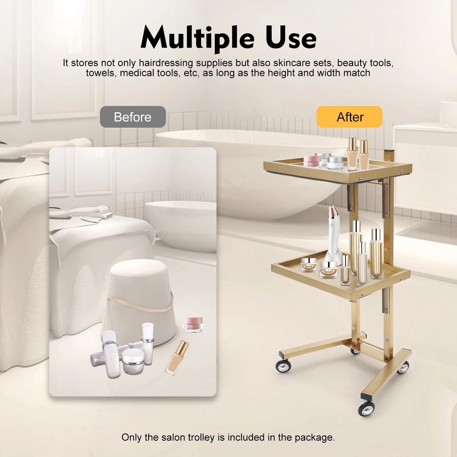 Salon Trolley, Beauty Cart, Rolling Hairdressing Trolley, Stainless Steel Gold Finish, Anti-Rust Multi-Layer Storage Organizer, 4 Wheels, Easy Move, Noise Reduction Tray, Leather Back, Salon Spa Tool Holder for Barber Beauty Shop