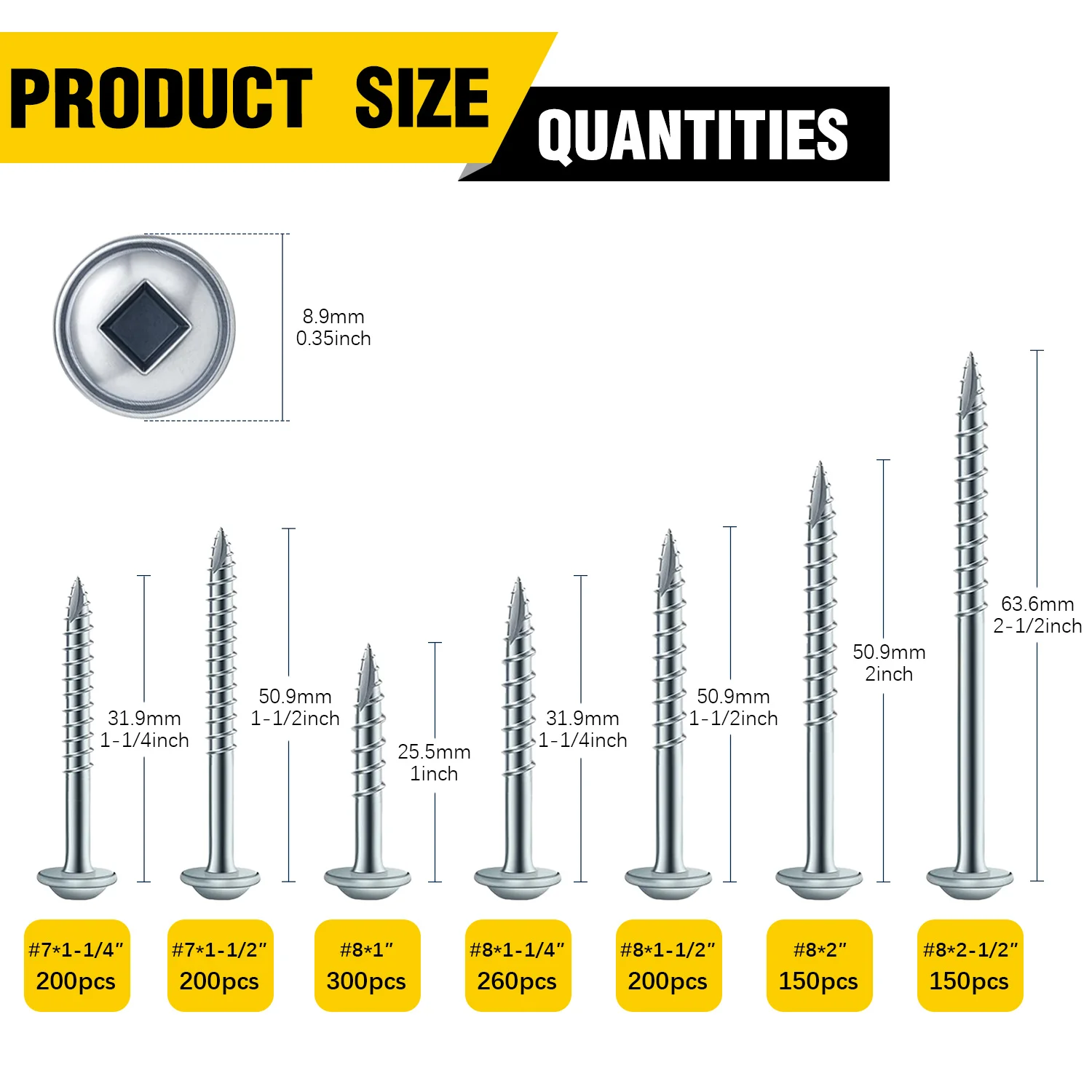 VKKM #8 X 1-1/4 Inch Silver Zinc Coated Pocket Hole Screws, Robertson Square Drive Truss Head Self Tapping Wood Screws, 260 PCS with Free 150mm Square Drive Bit for Woodworking Pocket Hole Joinery