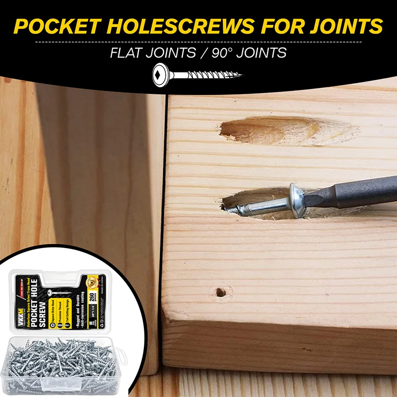 VKKM #8 X 1-1/4 Inch Silver Zinc Coated Pocket Hole Screws, Robertson Square Drive Truss Head Self Tapping Wood Screws, 260 PCS with Free 150mm Square Drive Bit for Woodworking Pocket Hole Joinery
