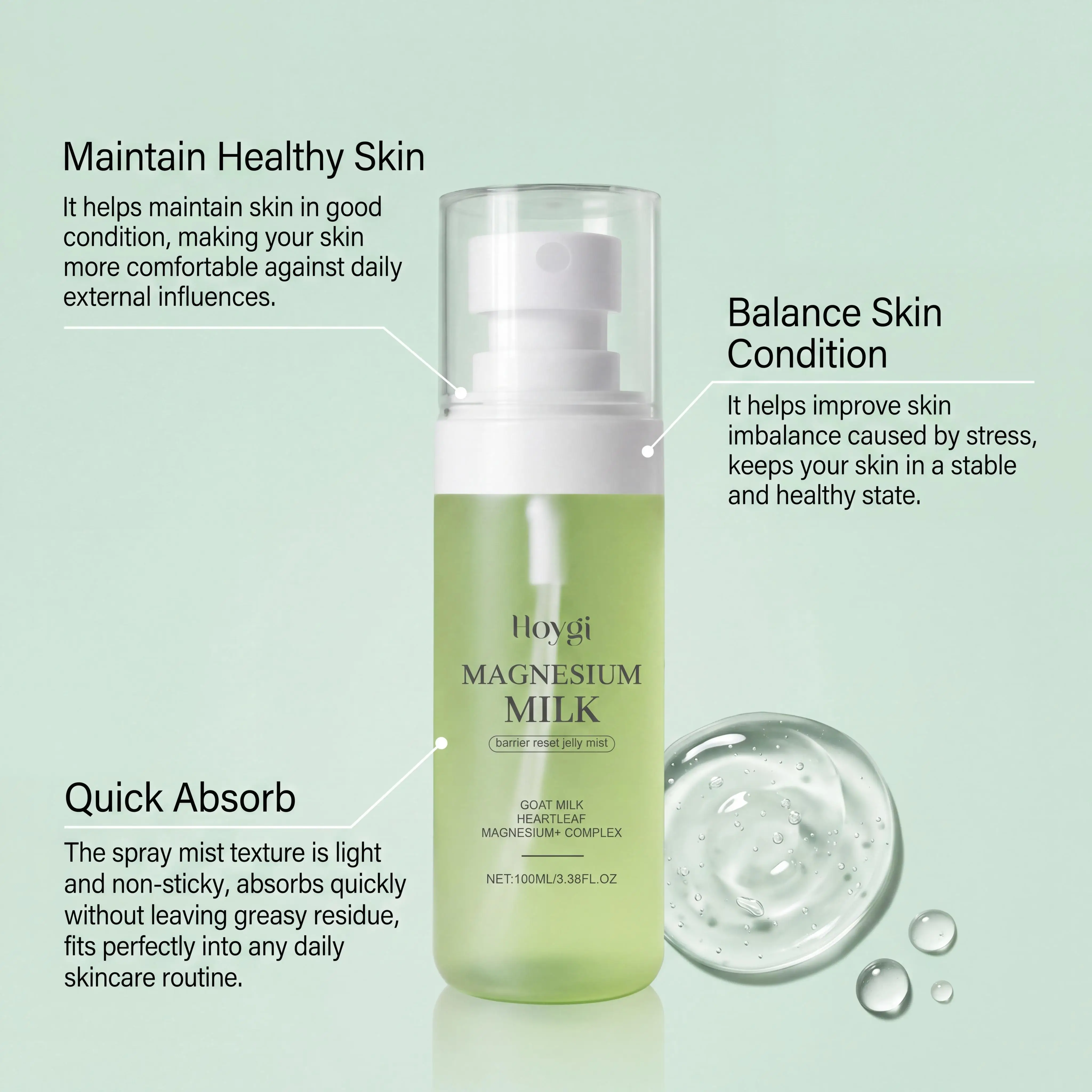 Hoygi Magnesium Milk Jelly Toner Mist Face Barrier Reset Redness Relief Cooling Smooth Skin Gentle Hydrating Moisturizing Facial Spray