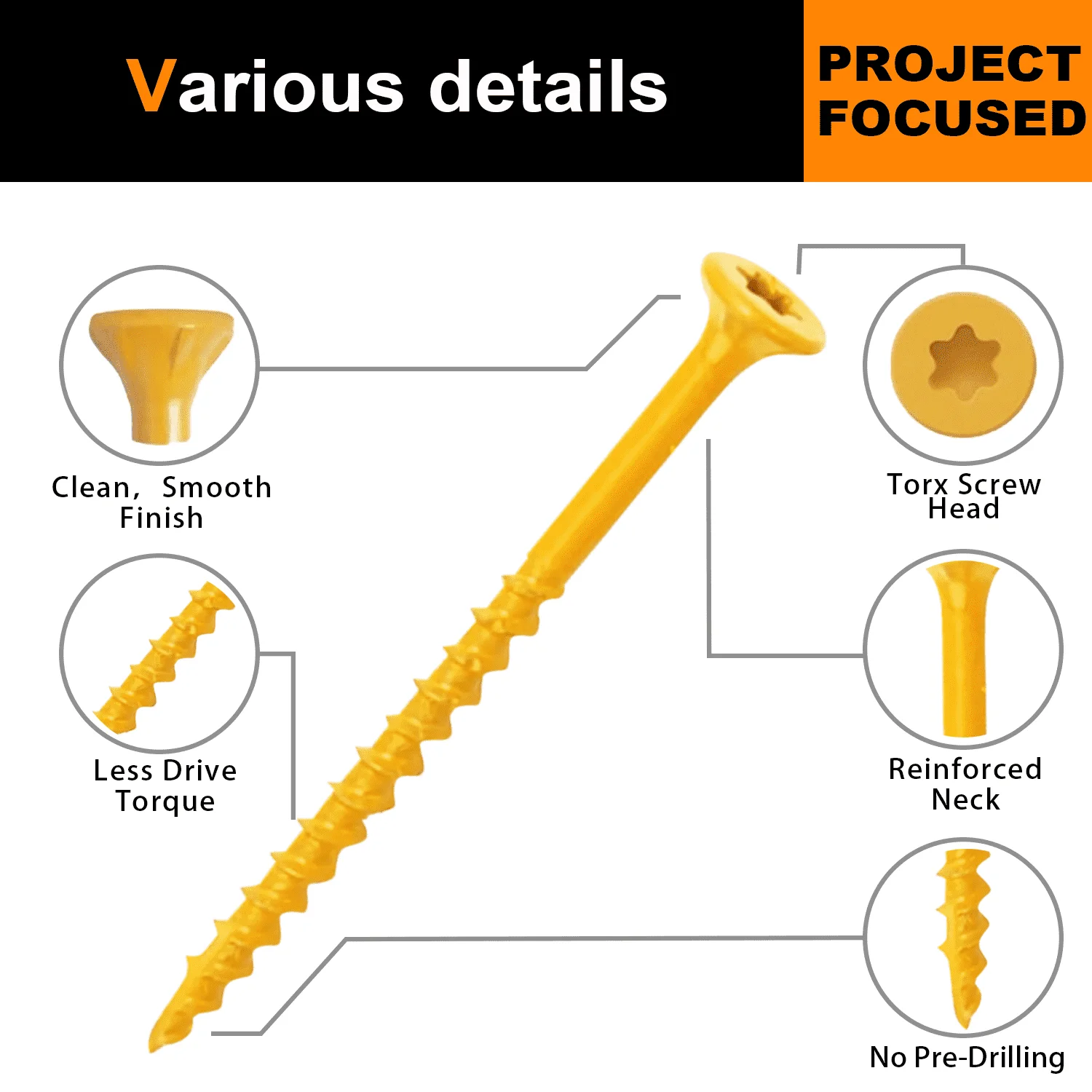 VKKM Deck Wood Screws #10 X 4 Inch 100PCS Yellow Coated Torx Star Drive Self Tapping Screws with T25 Bit for Outdoor Fence Patio Wood Construction
