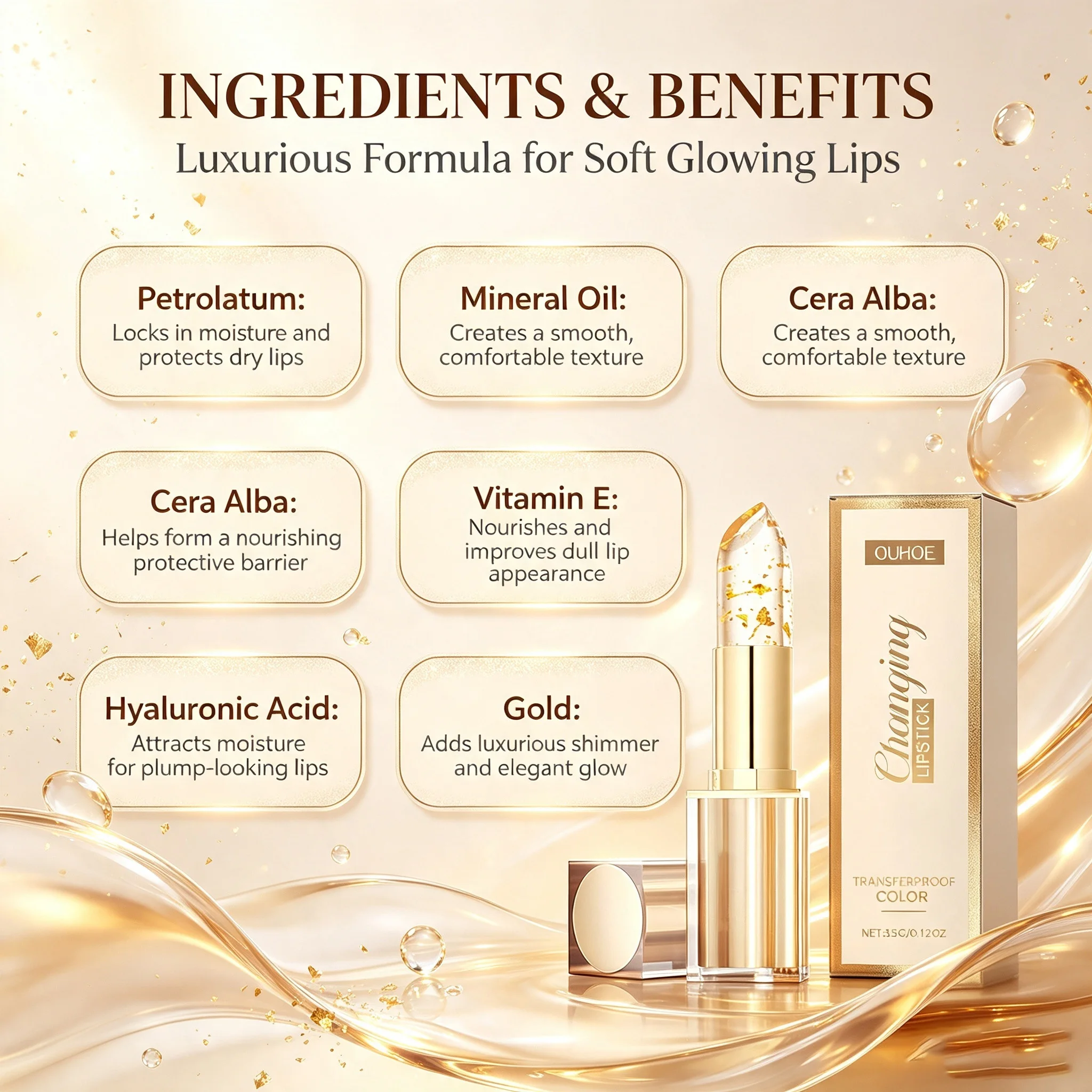Gold Foil Color Changing Lip Balm Glossy Non-Sticky Nourishing Moisturizing Lasting Transferproof Color Changing Lipstick