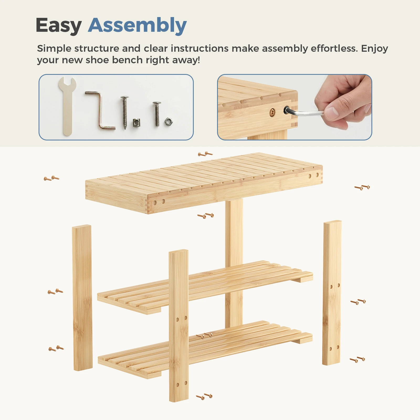 MCQ 3 Tier Wood Shoe Cabinet 27 Inches Bamboo Shoe Rack Storage Bench for Entryway 286 LBS Capacity For Entrance Living Room Bedroom