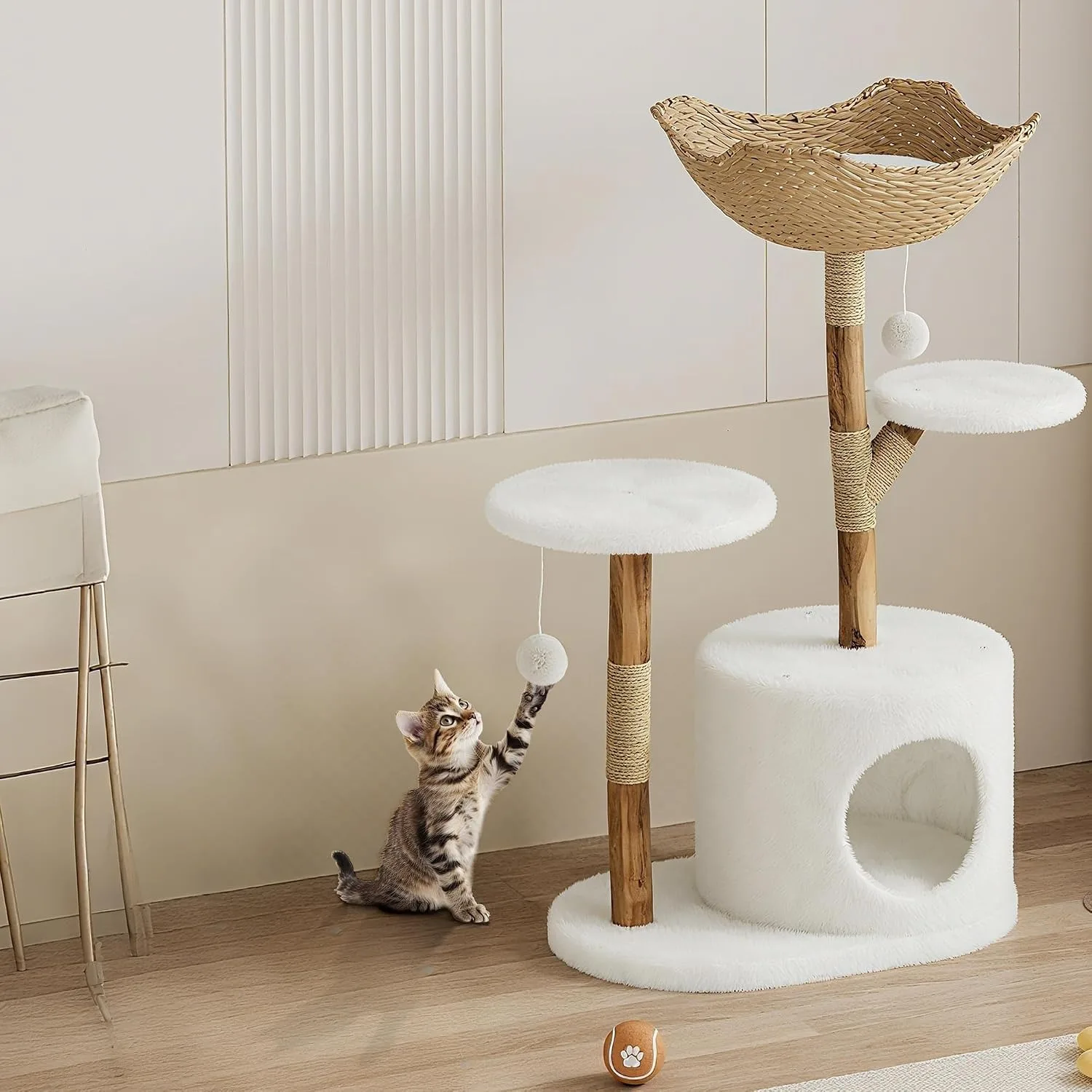 43 Inch Wooden Cat Tree Tower with Rattan, Large Cat Climbing Furniture, Multi-Level Activity Center with Perches, Sturdy Indoor Pet Furniture for Cats, Floor Mount