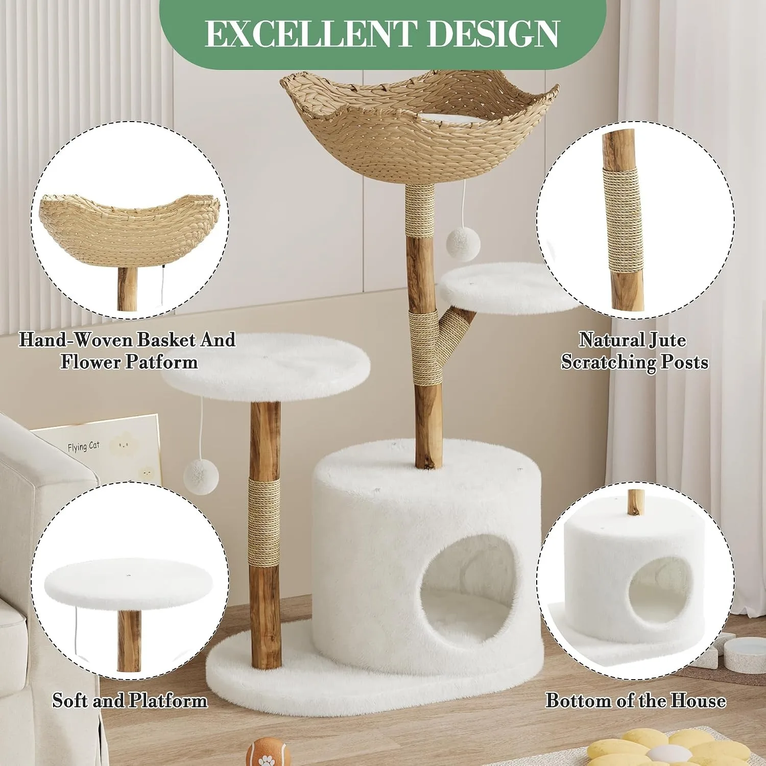 43 Inch Wooden Cat Tree Tower with Rattan, Large Cat Climbing Furniture, Multi-Level Activity Center with Perches, Sturdy Indoor Pet Furniture for Cats, Floor Mount