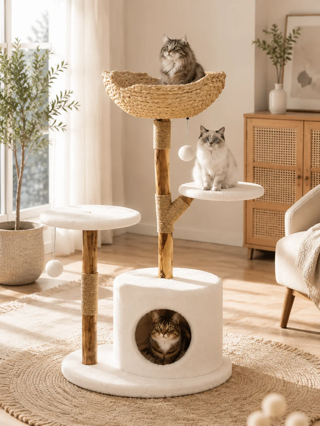 43 Inch Wooden Cat Tree Tower with Rattan, Large Cat Climbing Furniture, Multi-Level Activity Center with Perches, Sturdy Indoor Pet Furniture for Cats, Floor Mount