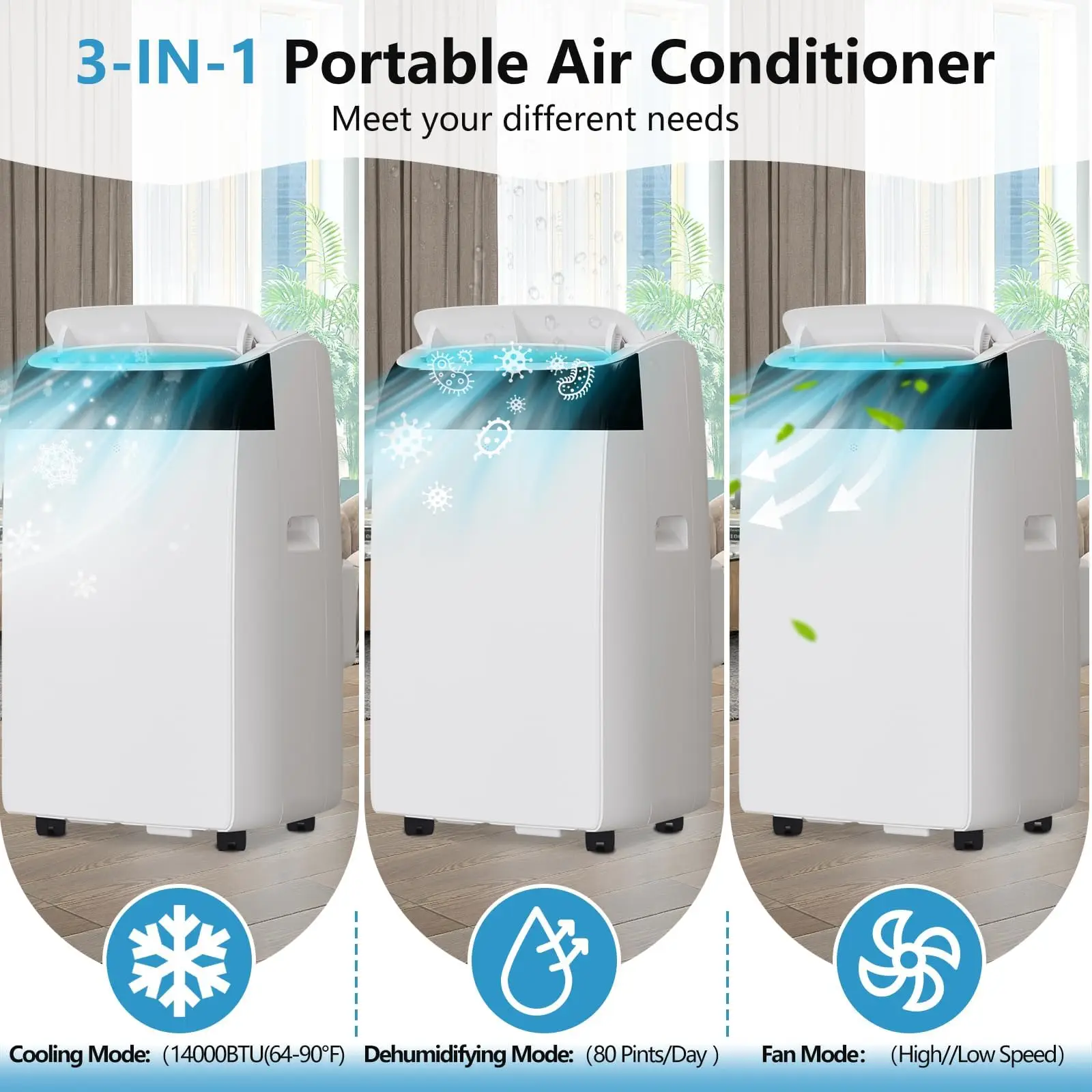 14000 BTU Portable Air Conditioner 3-in-1 AC Unit Cool Dehumidifier Fan Mode for Rooms Up to 750 Sq.ft White Portable AC with LED Display Remote Control 24H Timer Complete Exhaust Hose & Window Kit Included