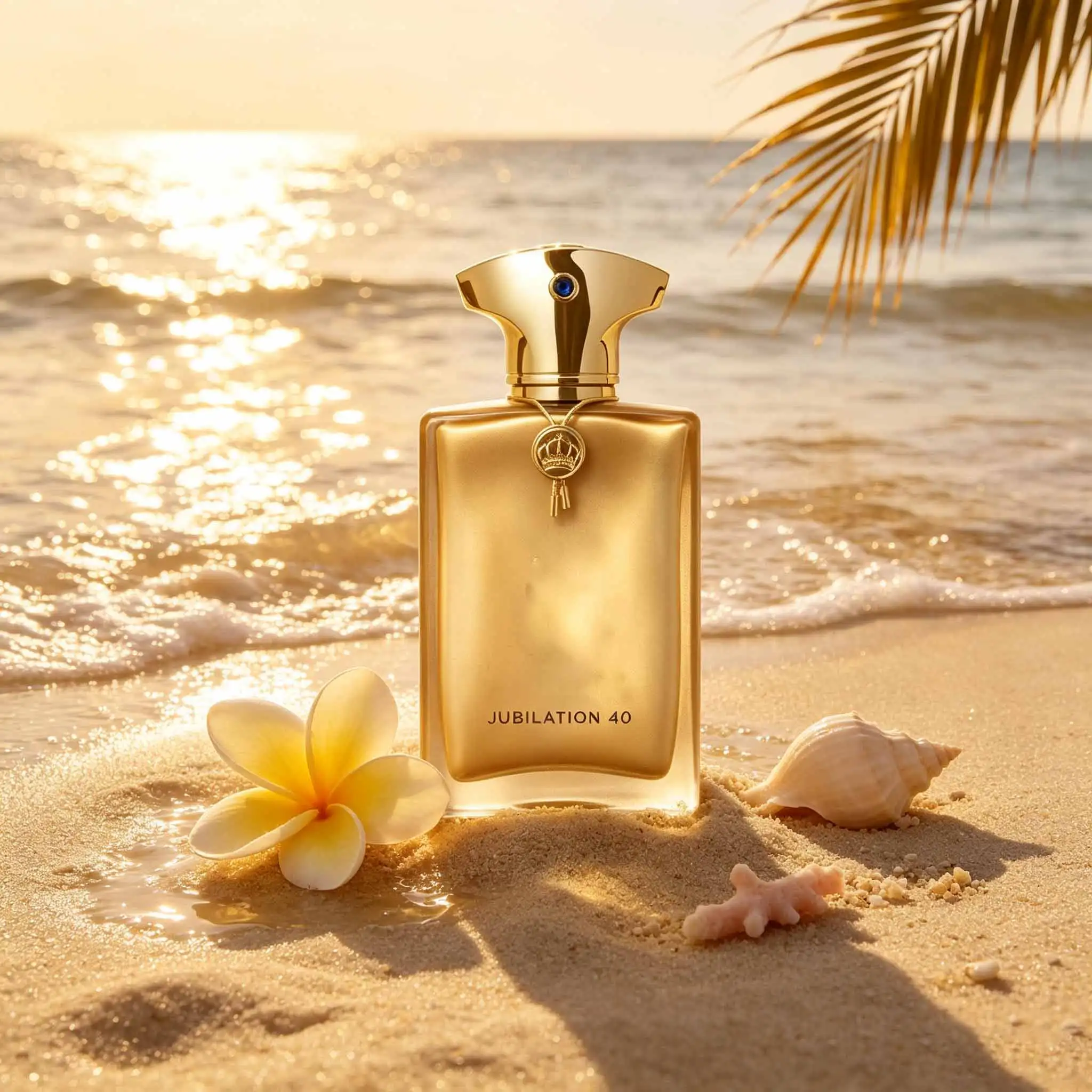 Jubilation 40, a luxurious golden fragrance with rich warm notes. Elegant bottle design, perfect for special occasions, gifts and personal collection.