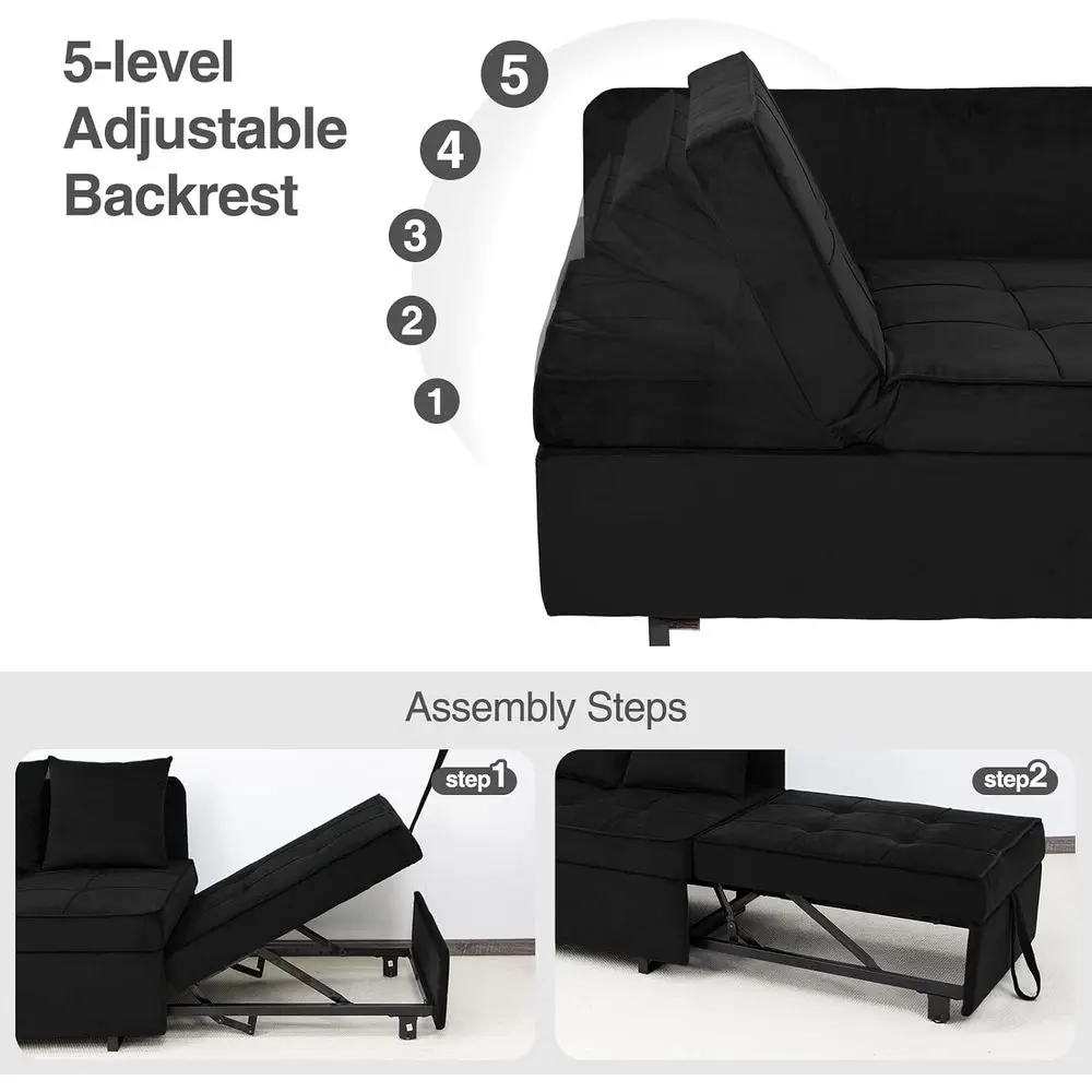 Convertible Soa Bed 4-in-1 Pull Out Couch, Ottoman Bed Sleeper, Black | Velvet Love seat Couch Sleeper Chair Bed with USB Ports,