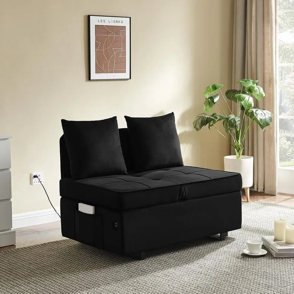 Convertible Soa Bed 4-in-1 Pull Out Couch, Ottoman Bed Sleeper, Black | Velvet Love seat Couch Sleeper Chair Bed with USB Ports,