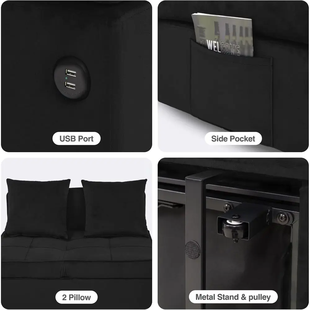 Convertible Soa Bed 4-in-1 Pull Out Couch, Ottoman Bed Sleeper, Black | Velvet Love seat Couch Sleeper Chair Bed with USB Ports,
