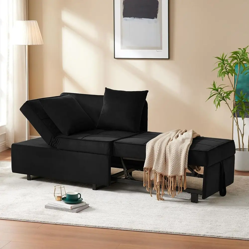 Convertible Soa Bed 4-in-1 Pull Out Couch, Ottoman Bed Sleeper, Black | Velvet Love seat Couch Sleeper Chair Bed with USB Ports,