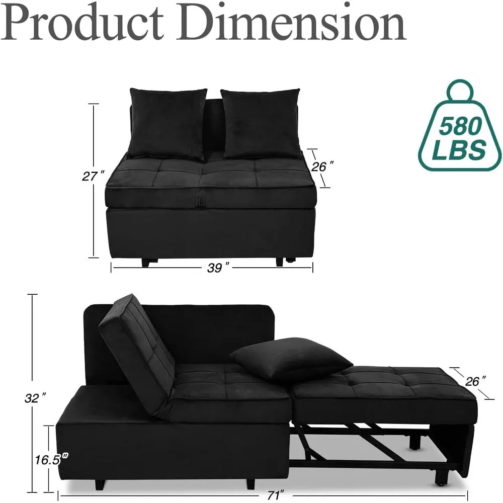 Convertible Soa Bed 4-in-1 Pull Out Couch, Ottoman Bed Sleeper, Black | Velvet Love seat Couch Sleeper Chair Bed with USB Ports,