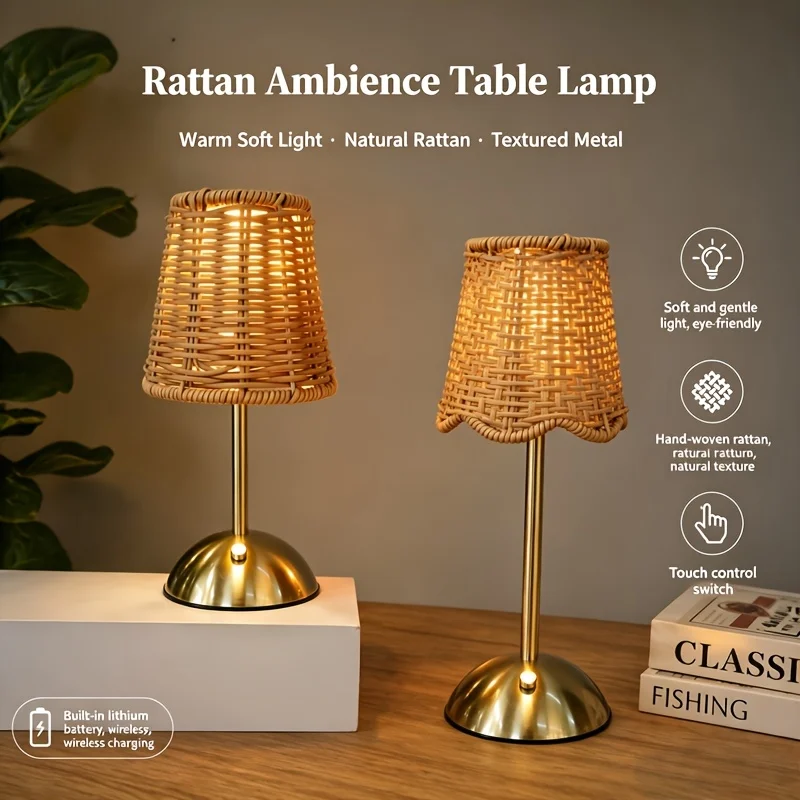 Bohemian Woven Rattan Art Table Lamp 3-Level Dimmable Touch Control USB Metal Bedroom Living Room Study Dining Room Lighting Gift for Family Friends