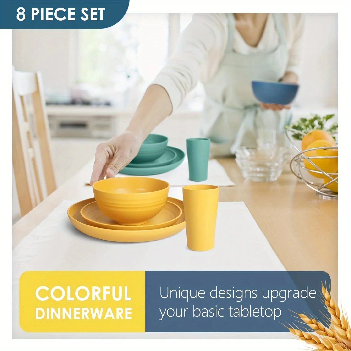 32-Piece Kitchen Plastic Wheat Straw Dinnerware Set, Service For 8, Dinner Plates, Dessert Plate, Cereal Bowls, Cups, Unbreakable Colorful Plastic Outdoor Camping Dishes