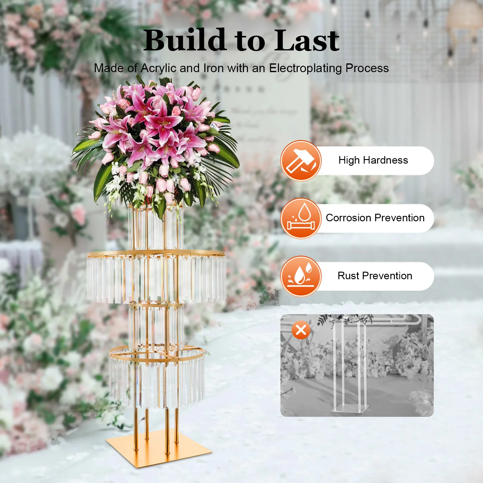 5-Tier Gold Display Stand, 110cm High Crystal Wedding Centerpieces Floral Rack, Free Standing Flower Stand for Banquet, Festival, Birthday Party