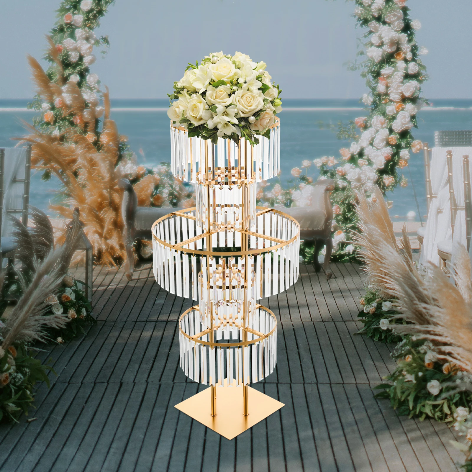 5-Tier Gold Display Stand, 110cm High Crystal Wedding Centerpieces Floral Rack, Free Standing Flower Stand for Banquet, Festival, Birthday Party