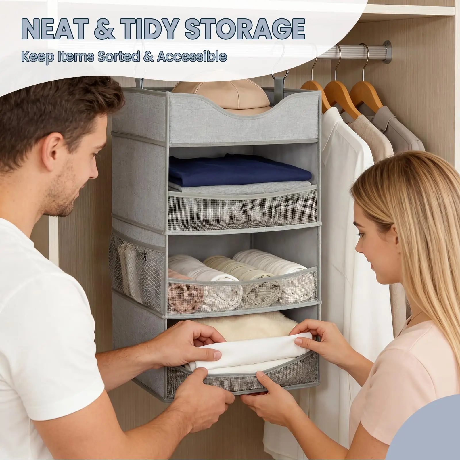 Hanging Closet Organizer With Top Shelf, 3 Shelf Vertical Wardrobe Storage For Clothes Bags Shoes, Space Saver For Dorm RV Apartment