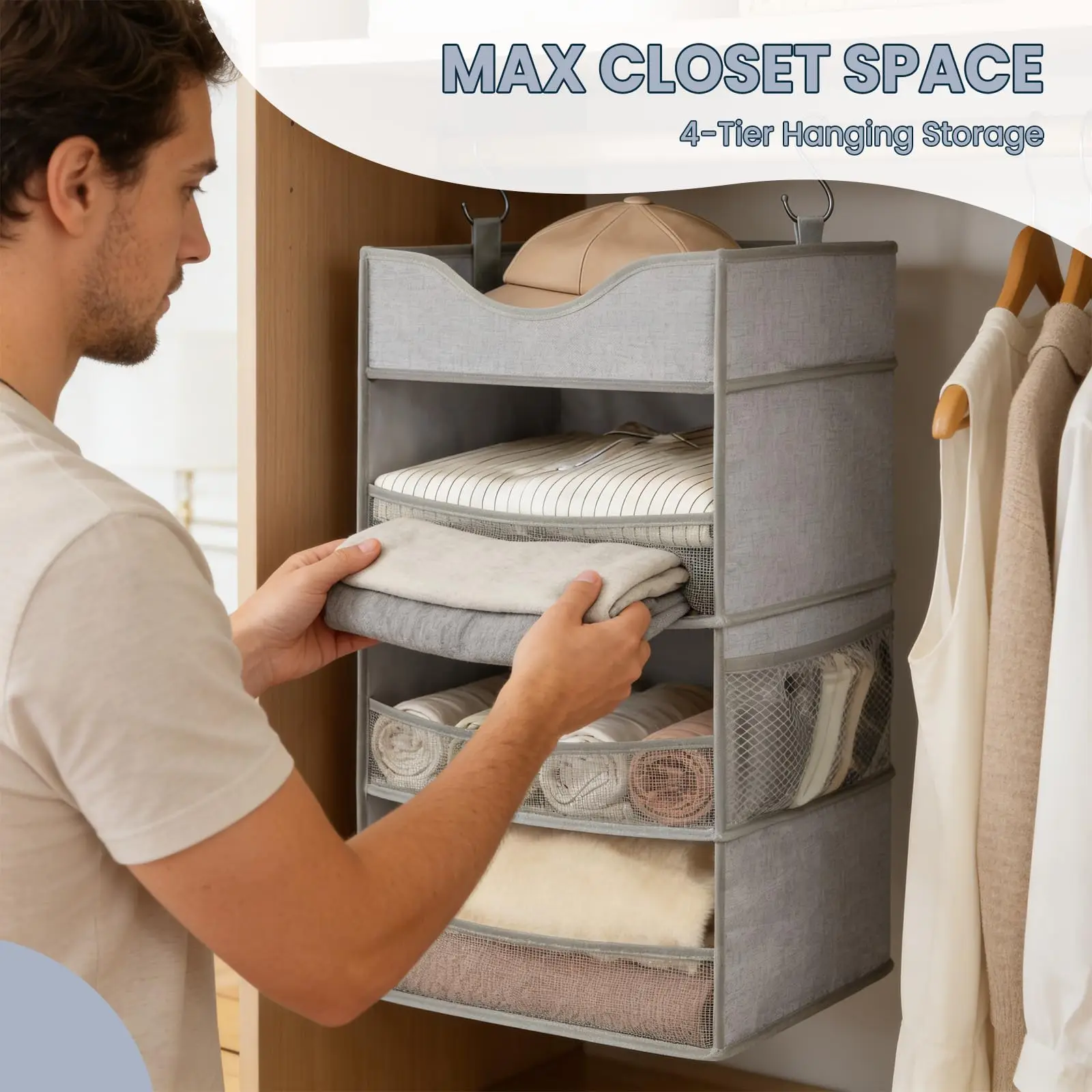 Hanging Closet Organizer With Top Shelf, 3 Shelf Vertical Wardrobe Storage For Clothes Bags Shoes, Space Saver For Dorm RV Apartment
