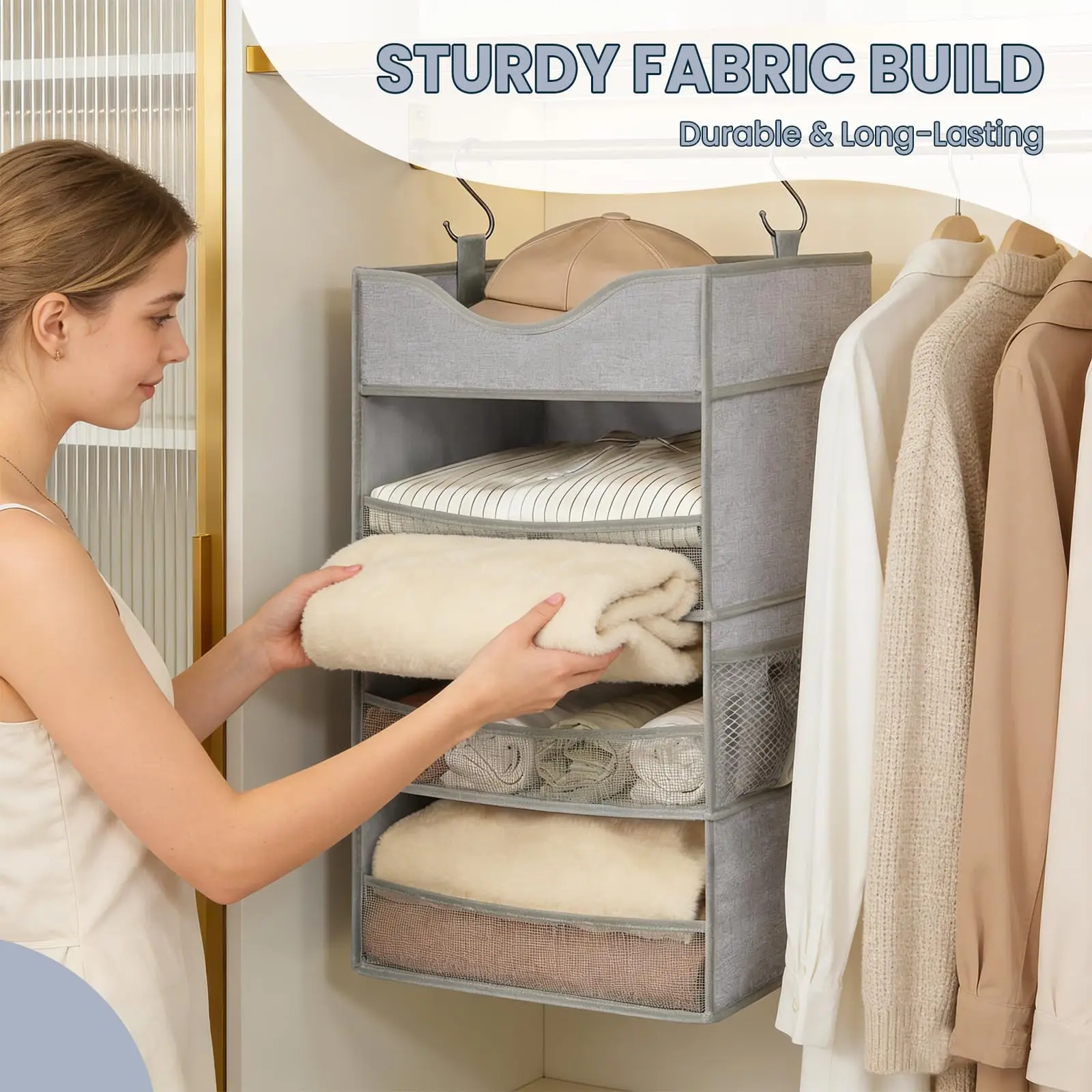 Hanging Closet Organizer With Top Shelf, 3 Shelf Vertical Wardrobe Storage For Clothes Bags Shoes, Space Saver For Dorm RV Apartment