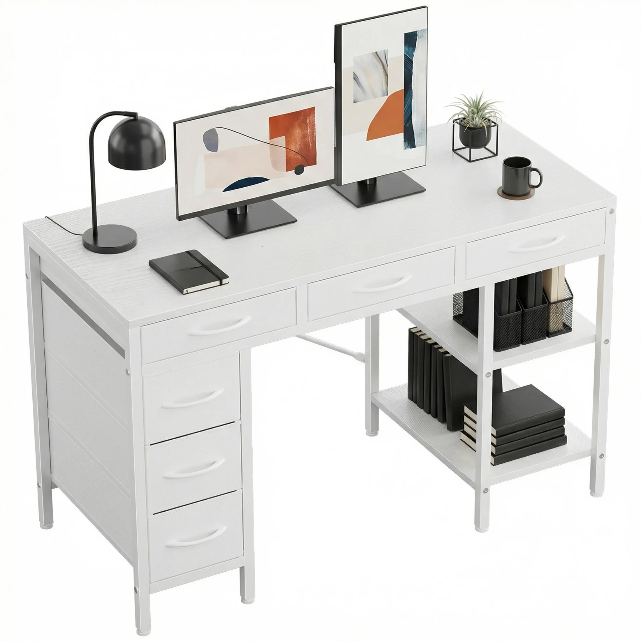 MCQ 47 Inch Office Computer Desk With 6 Fabric Drawers Standing Ergonomic Gaming Desk With Storage Shelves Reversible Gaming Desk For Home Office Small Space