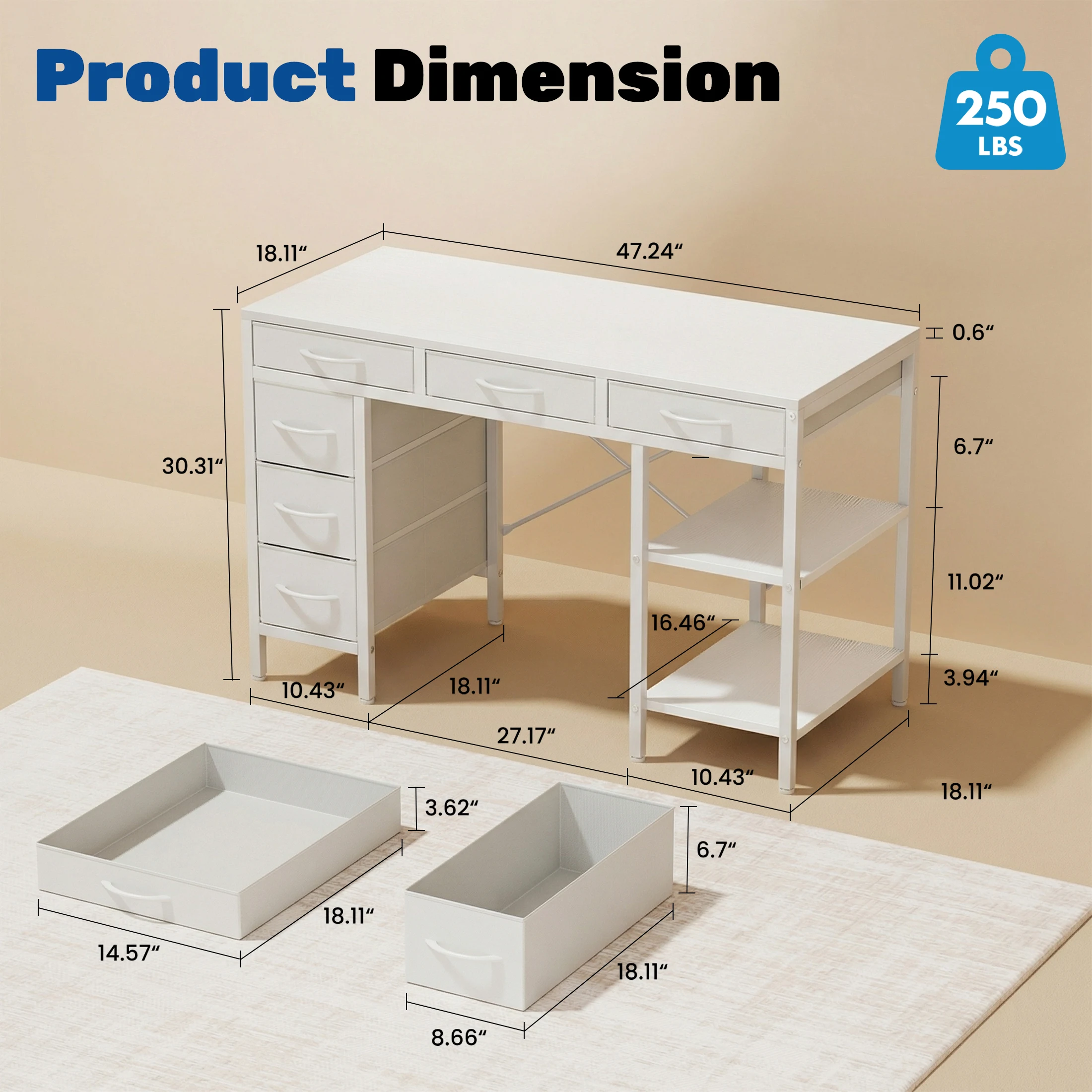 MCQ 47 Inch Office Computer Desk With 6 Fabric Drawers Standing Ergonomic Gaming Desk With Storage Shelves Reversible Gaming Desk For Home Office Small Space