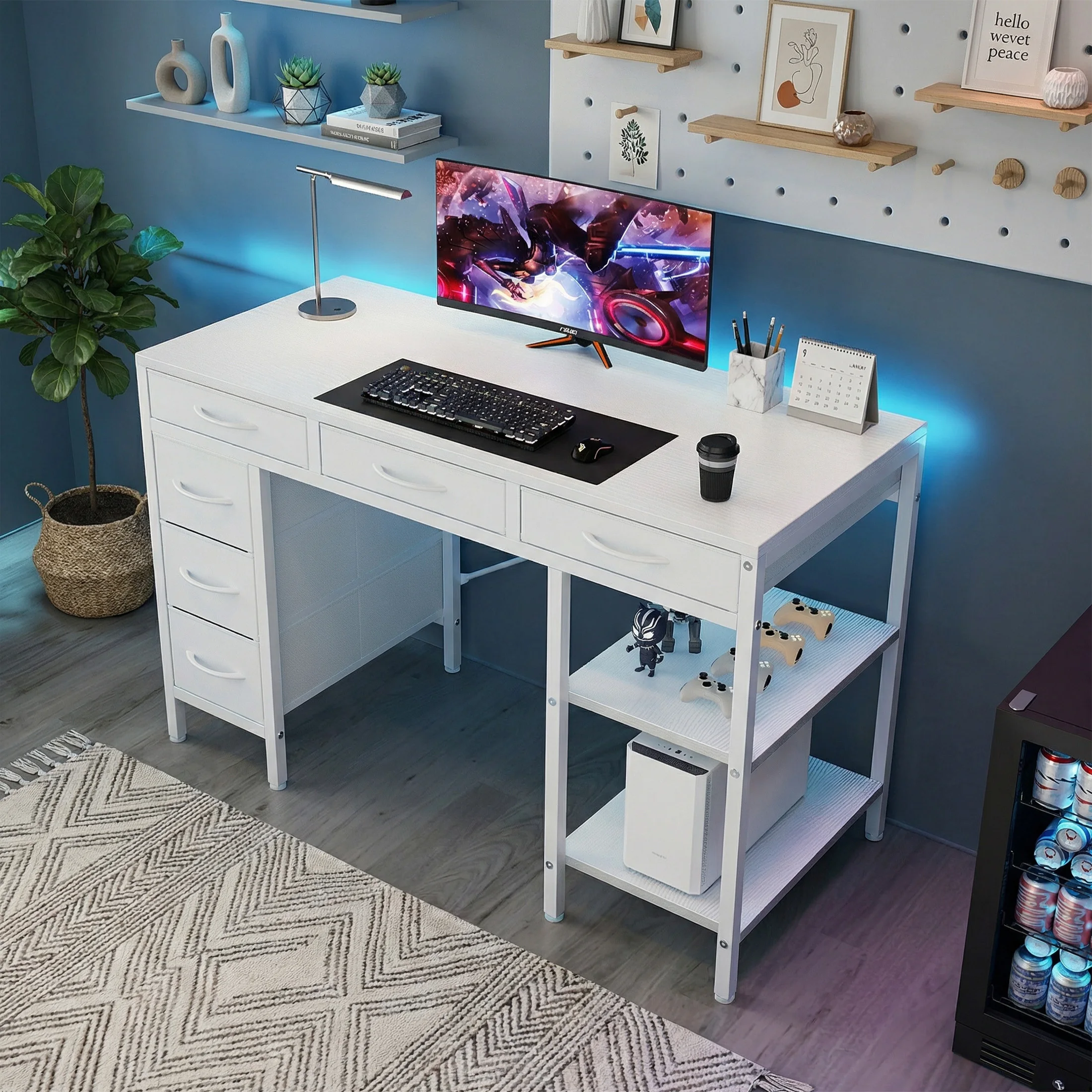MCQ 47 Inch Office Computer Desk With 6 Fabric Drawers Standing Ergonomic Gaming Desk With Storage Shelves Reversible Gaming Desk For Home Office Small Space