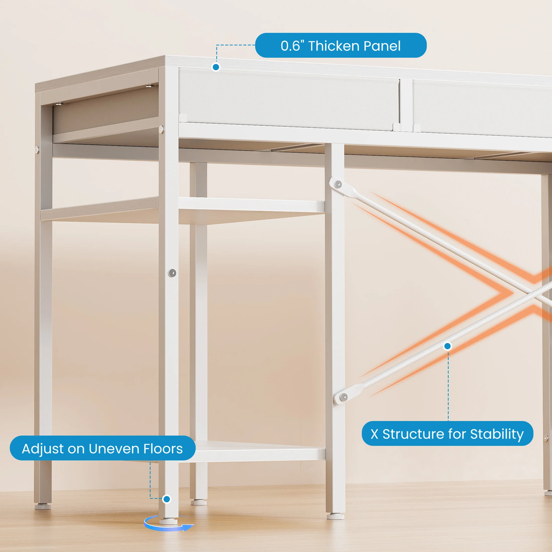 MCQ 47 Inch Office Computer Desk With 6 Fabric Drawers Standing Ergonomic Gaming Desk With Storage Shelves Reversible Gaming Desk For Home Office Small Space