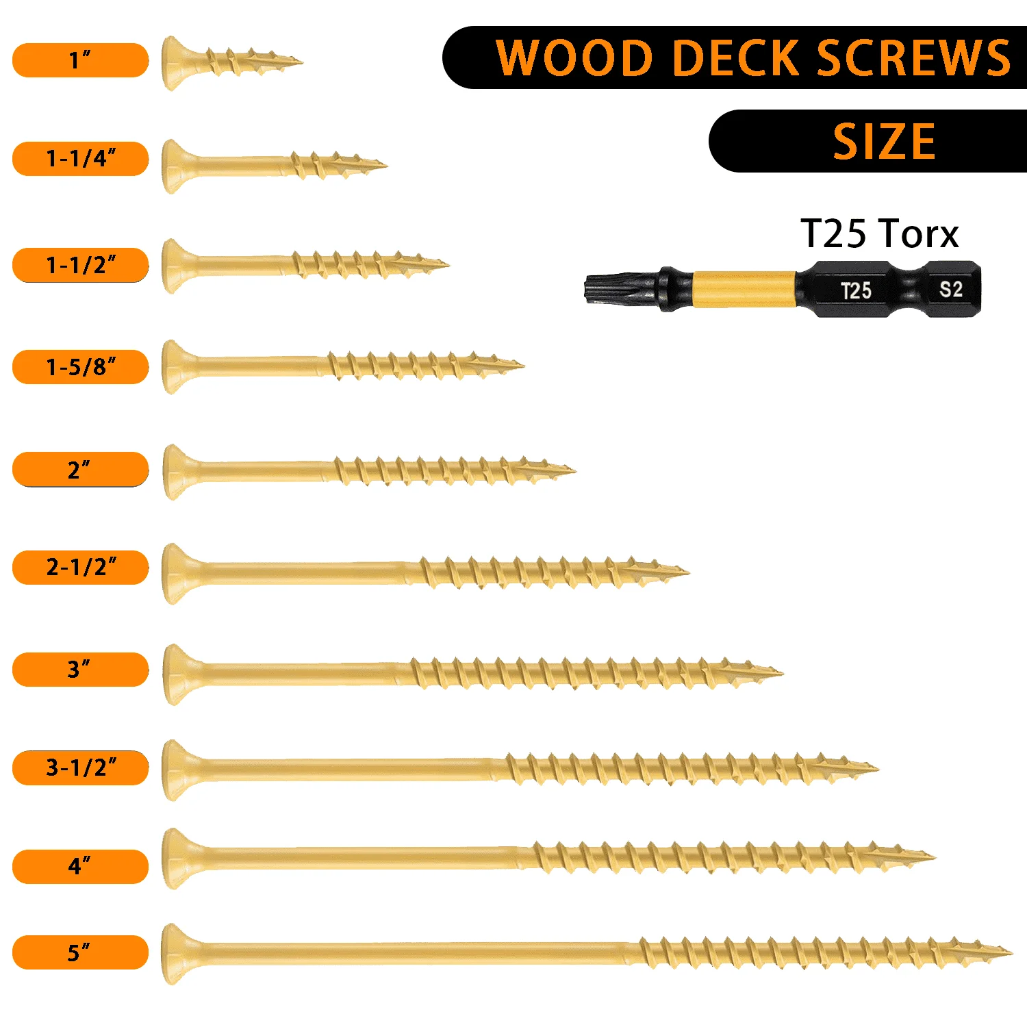 VKKM Deck Wood Screws #10 X 3-1/2 Inch 100PCS Yellow Coated Torx Star Drive Self Tapping Screws with T25 Bit for Outdoor Fence Patio Wood Construction