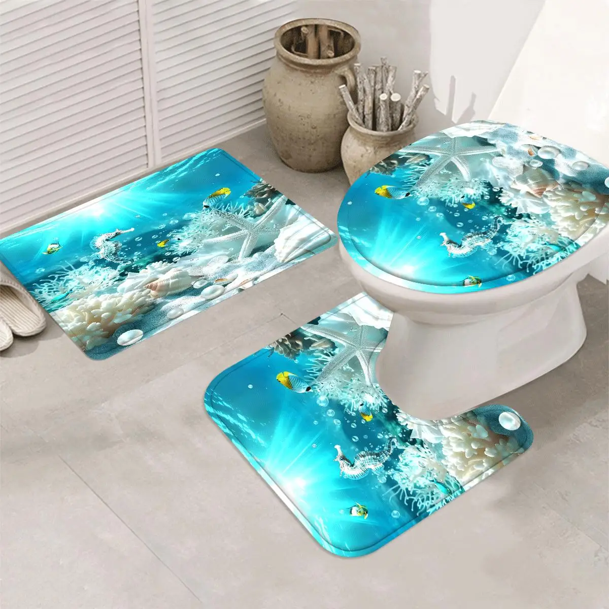 3Pcs Underwater Ocean World Bathroom Rug Set, Tropical Fish Coral Starfish Seahorse Sea Scene Print Non‑Slip Bath Mat, U‑Shaped Contour Rug and Toilet Lid Cover, Marine Theme Bathroom Floor Decor Mats