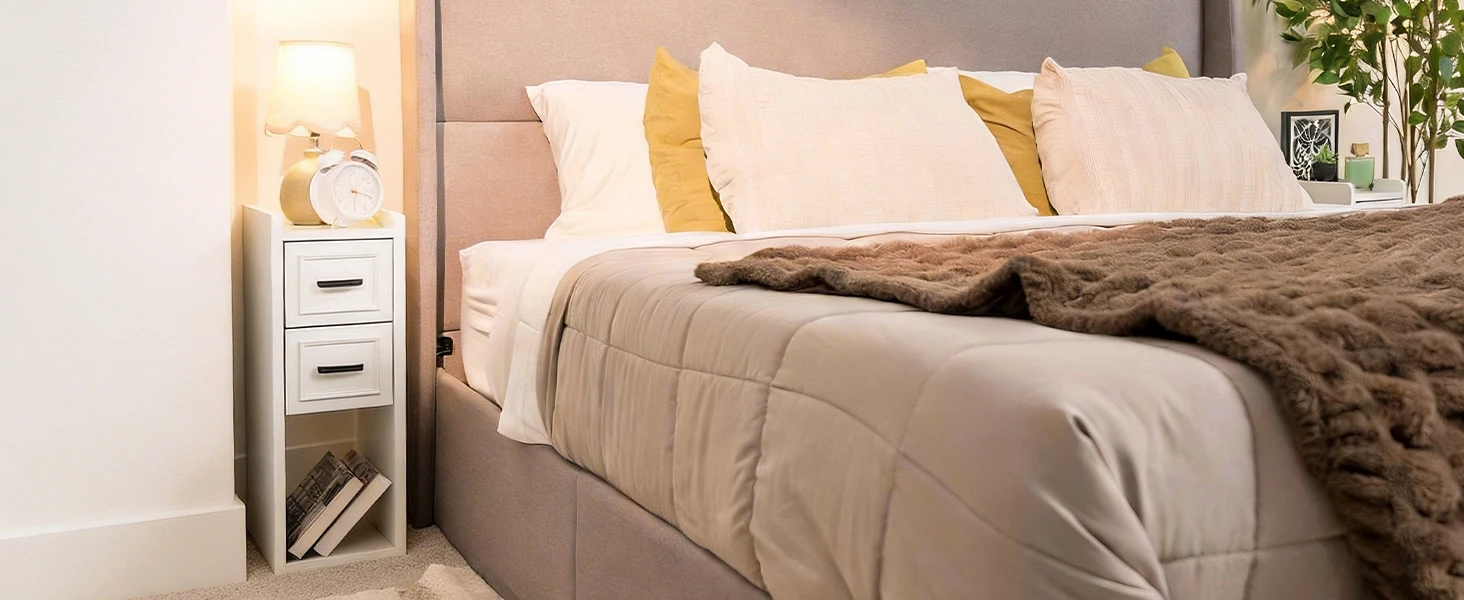 Narrow Nightstand Set of 2, Modern Bedside Tables with Drawer and Open Shelf, Available in White, Walnut, Grey and Black, End Tables for Bedroom, Apartment and Small Spaces