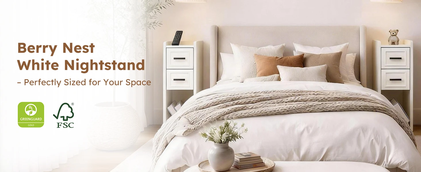 Narrow Nightstand Set of 2, Modern Bedside Tables with Drawer and Open Shelf, Available in White, Walnut, Grey and Black, End Tables for Bedroom, Apartment and Small Spaces