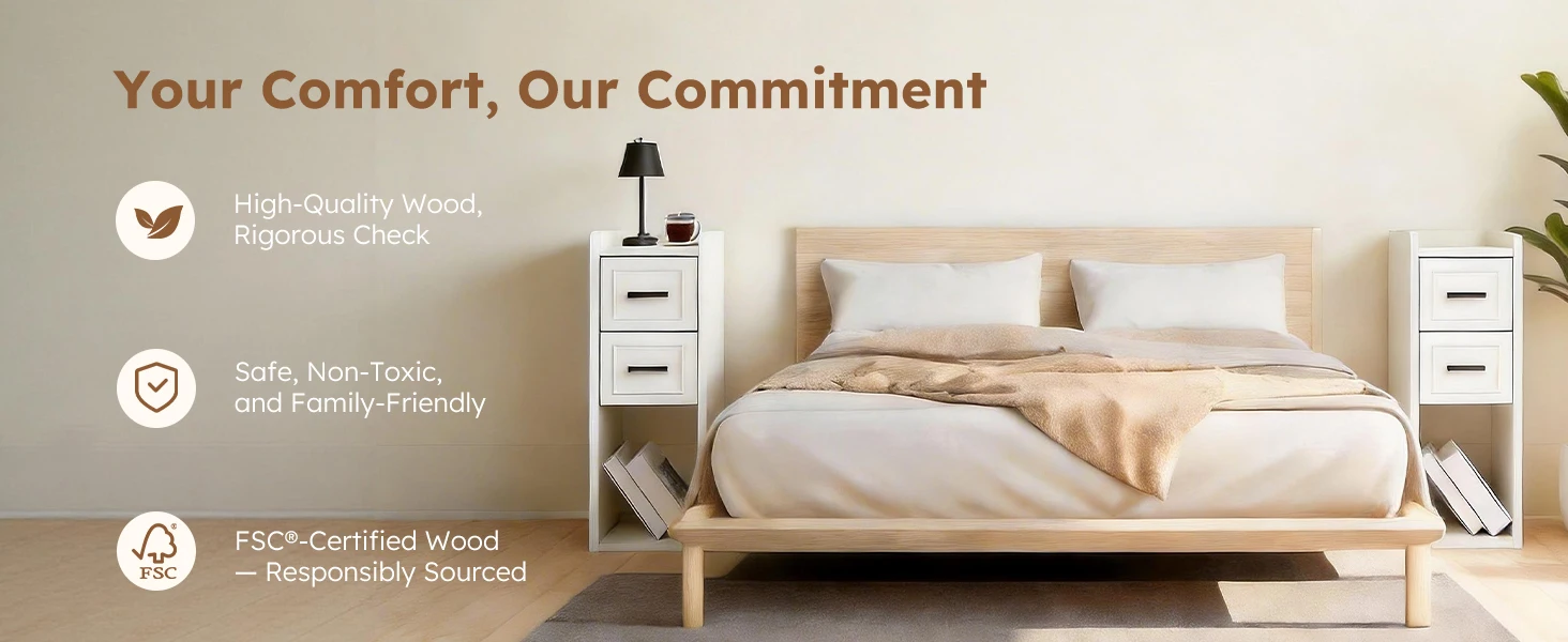 Narrow Nightstand Set of 2, Modern Bedside Tables with Drawer and Open Shelf, Available in White, Walnut, Grey and Black, End Tables for Bedroom, Apartment and Small Spaces