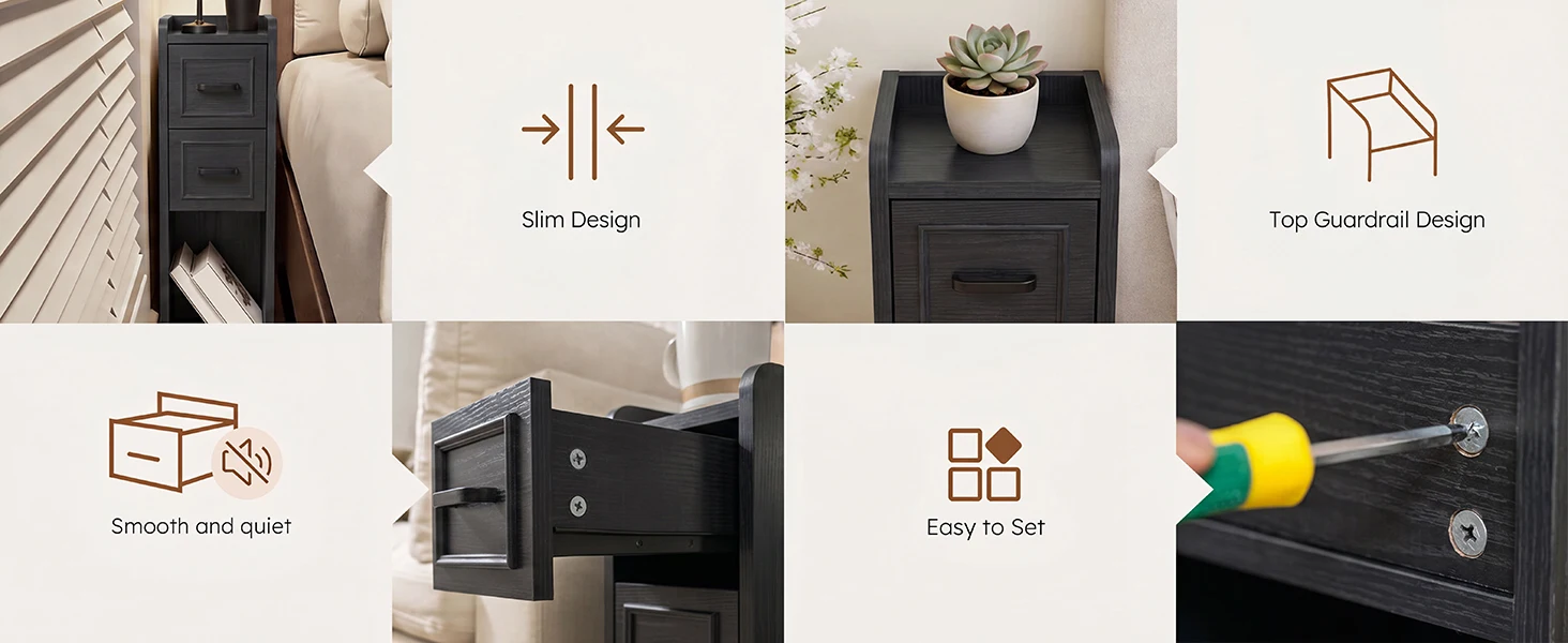 Narrow Nightstand Set of 2, Modern Bedside Tables with Drawer and Open Shelf, Available in White, Walnut, Grey and Black, End Tables for Bedroom, Apartment and Small Spaces