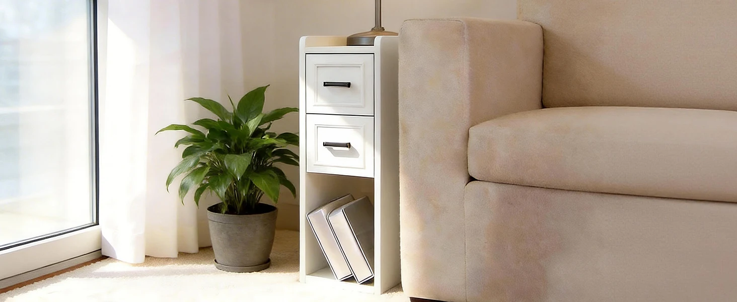 Narrow Nightstand Set of 2, Modern Bedside Tables with Drawer and Open Shelf, Available in White, Walnut, Grey and Black, End Tables for Bedroom, Apartment and Small Spaces