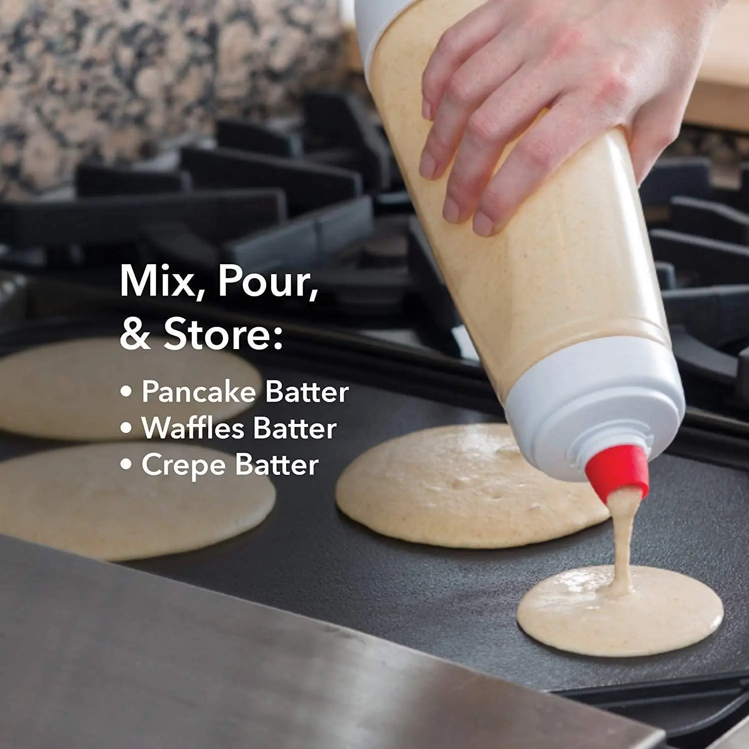 Pancake Batter Mixer Shaker Bottle Built-in Blender Ball & Wire Whisk, Hand Dough Dispenser for Pancakes Cupcakes Muffins Crepes