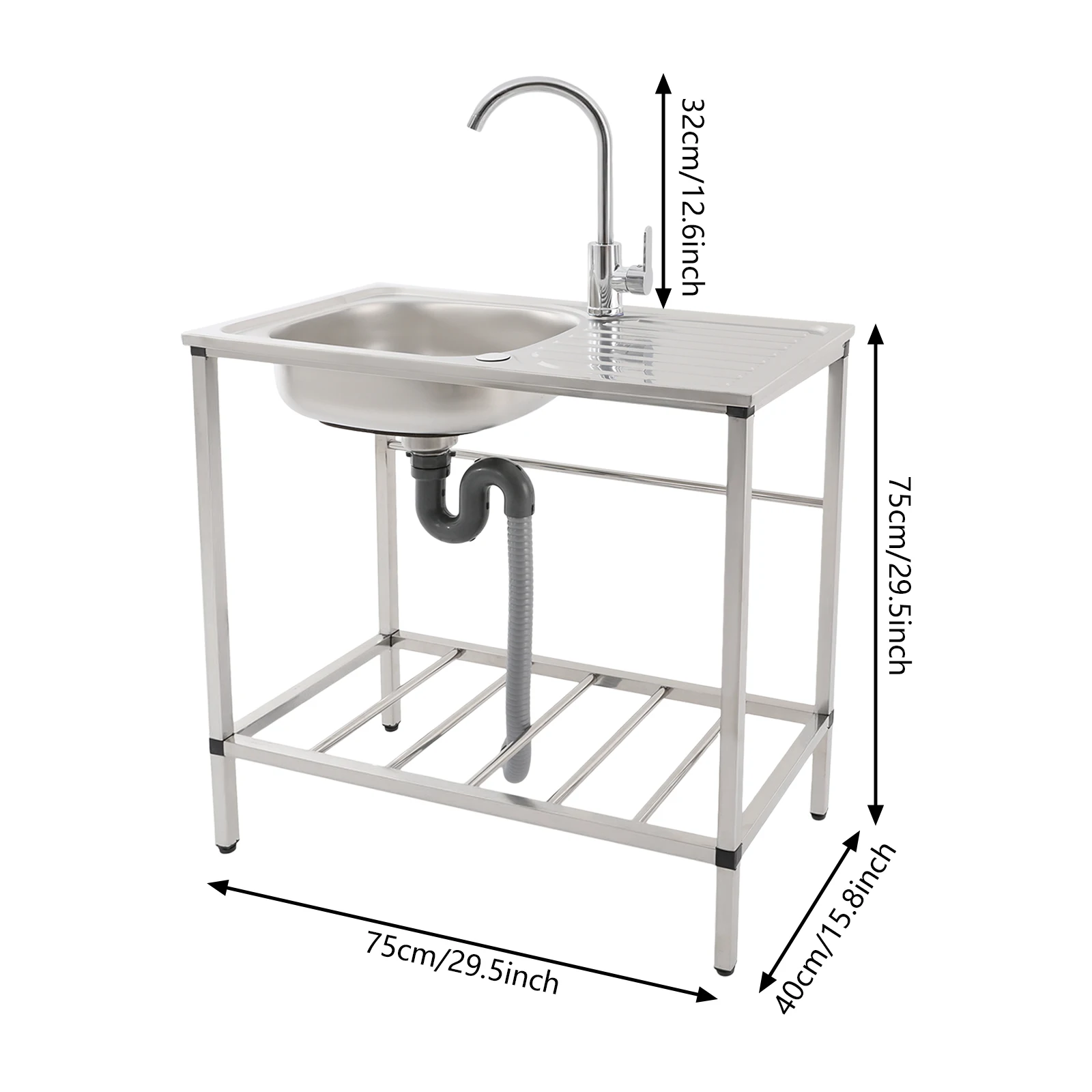 Multifunctional Stainless Steel Single Bowl Sink Set with Hot & Cold Water Faucet, Drain Trap and Drying Board, Ideal for Kitchen Restaurant Bar Laundry Room Backyard Garage