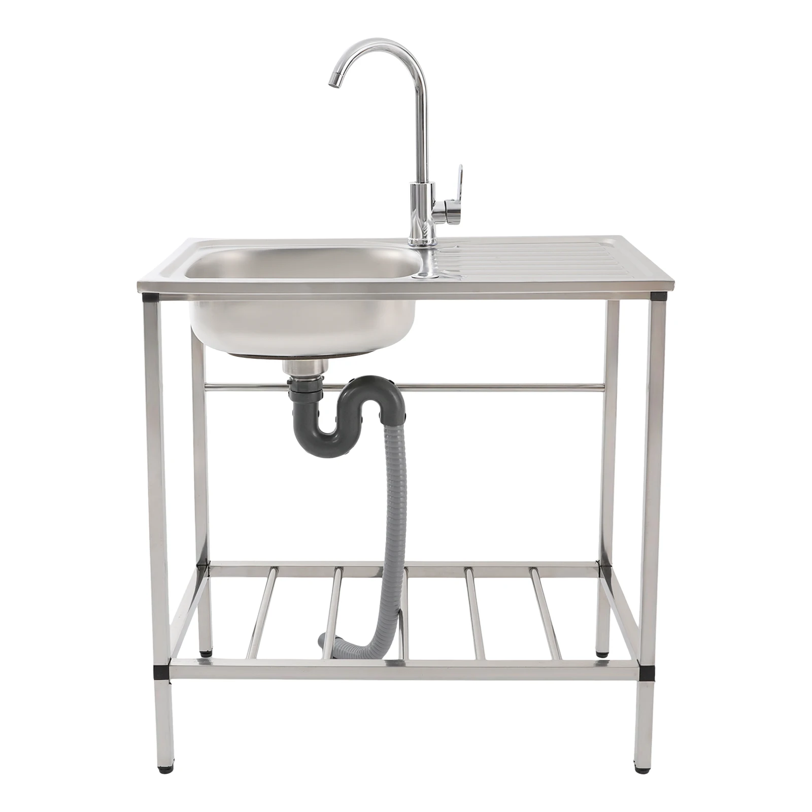 Multifunctional Stainless Steel Single Bowl Sink Set with Hot & Cold Water Faucet, Drain Trap and Drying Board, Ideal for Kitchen Restaurant Bar Laundry Room Backyard Garage