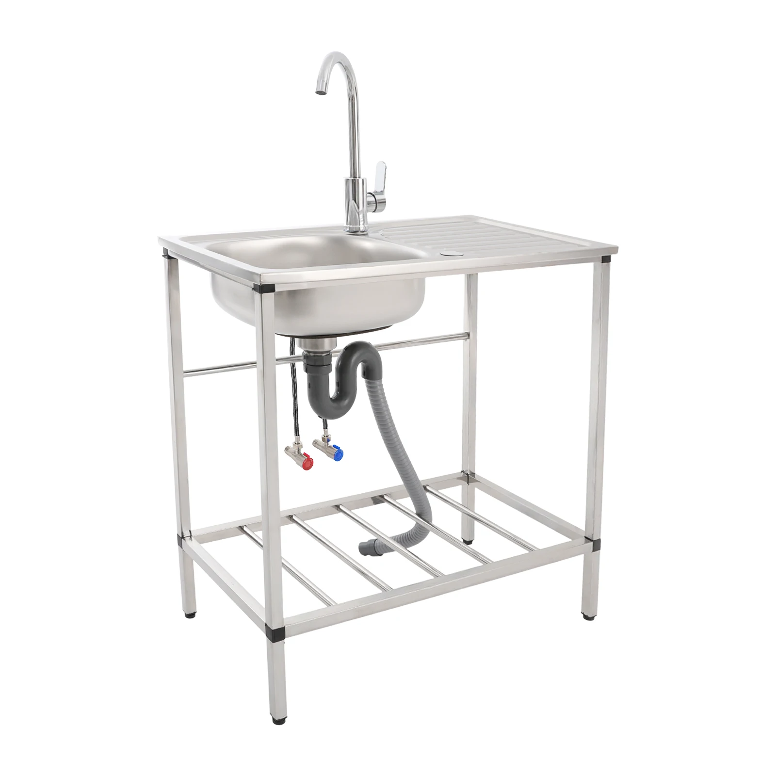 Multifunctional Stainless Steel Single Bowl Sink Set with Hot & Cold Water Faucet, Drain Trap and Drying Board, Ideal for Kitchen Restaurant Bar Laundry Room Backyard Garage