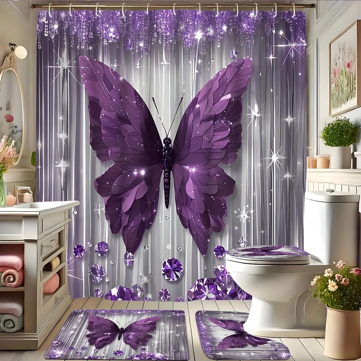 4pcs Purple Butterfly Bathroom Set with Shower Curtain, Non-Slip Rug & Toilet Cover - Machine Washable Suitable for Bath Decor, U-Shaped Mat, Hooks Included, Complete Bath Accessories for And