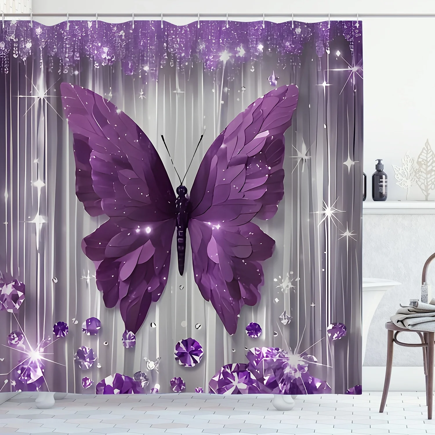 4pcs Purple Butterfly Bathroom Set with Shower Curtain, Non-Slip Rug & Toilet Cover - Machine Washable Suitable for Bath Decor, U-Shaped Mat, Hooks Included, Complete Bath Accessories for And