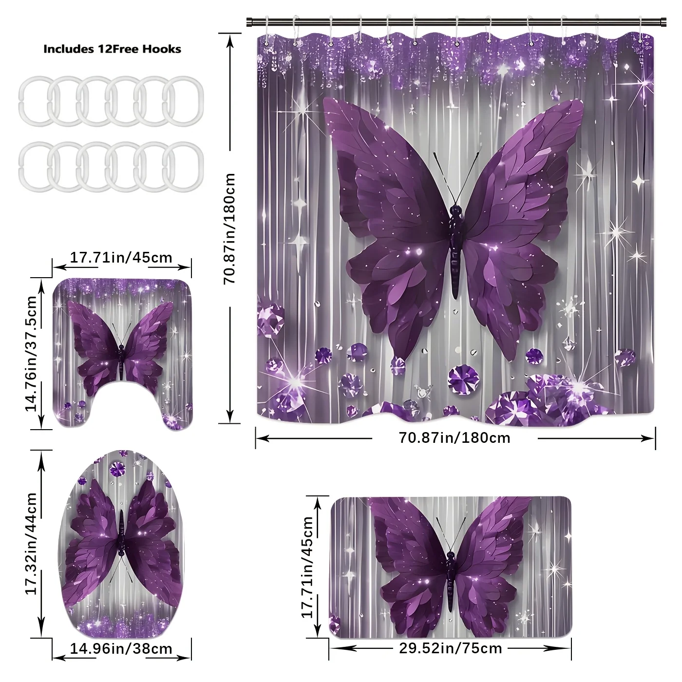 4pcs Purple Butterfly Bathroom Set with Shower Curtain, Non-Slip Rug & Toilet Cover - Machine Washable Suitable for Bath Decor, U-Shaped Mat, Hooks Included, Complete Bath Accessories for And
