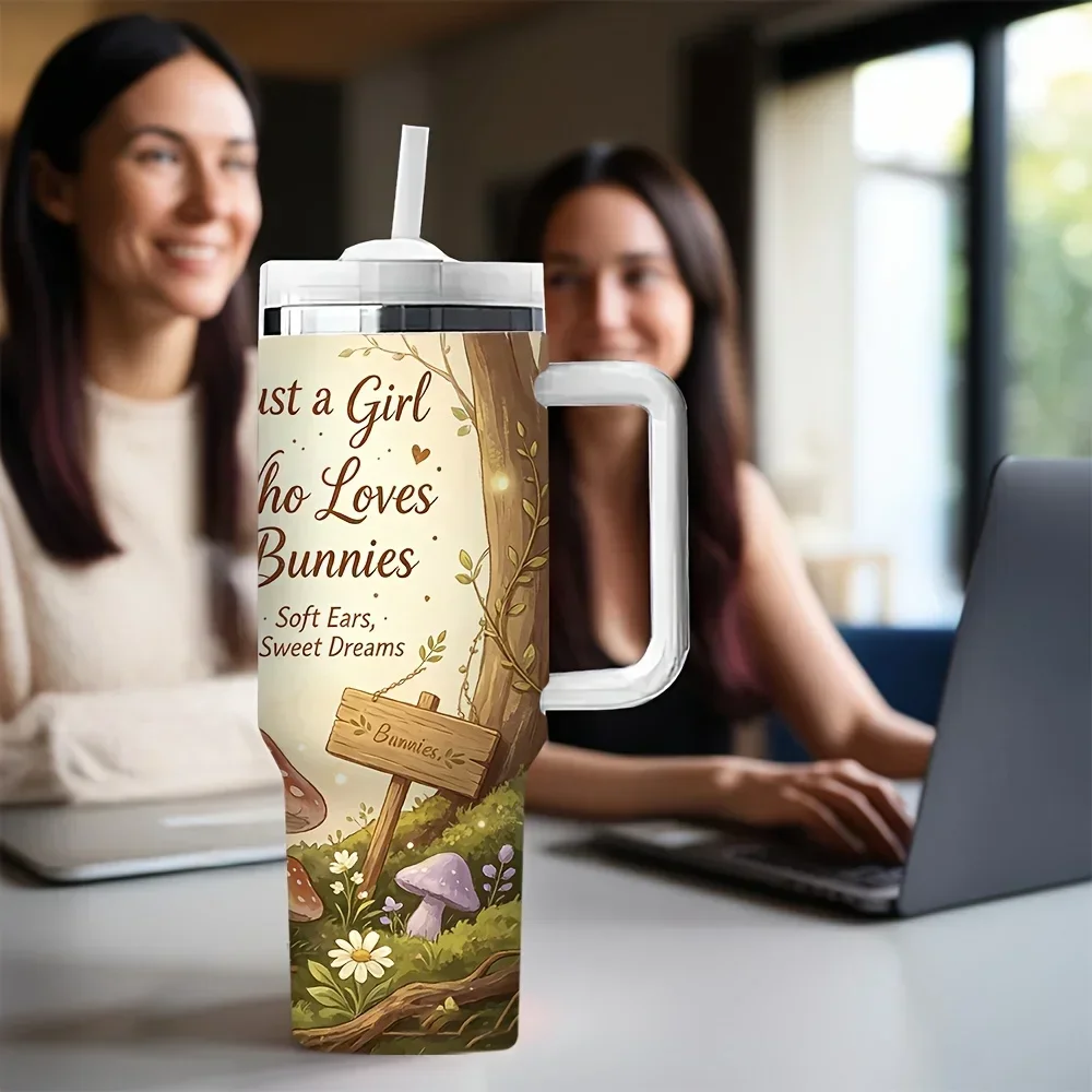40oz Long Lasting Insulated Tumbler with Handle, Cute Bunny Print Tumbler, Perfect Holiday Birthday Gift for Who Loves Bunnies, Suitable for Daily Use And Outdoor Outings