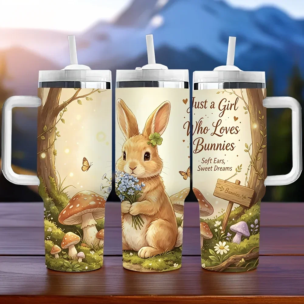 40oz Long Lasting Insulated Tumbler with Handle, Cute Bunny Print Tumbler, Perfect Holiday Birthday Gift for Who Loves Bunnies, Suitable for Daily Use And Outdoor Outings
