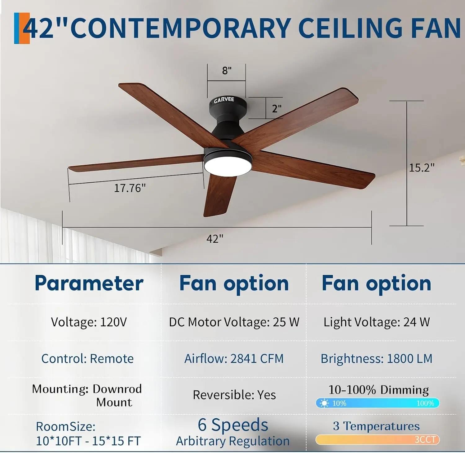 42/52" Low Profile Ceiling Fans with Lights and Wood Blades for Indoor/Outdoor | Remote Control, Flush Mount, 6-Speed, 5 Wood Blades, 3CCT Dimmable LED, Reversible Quiet DC Motor