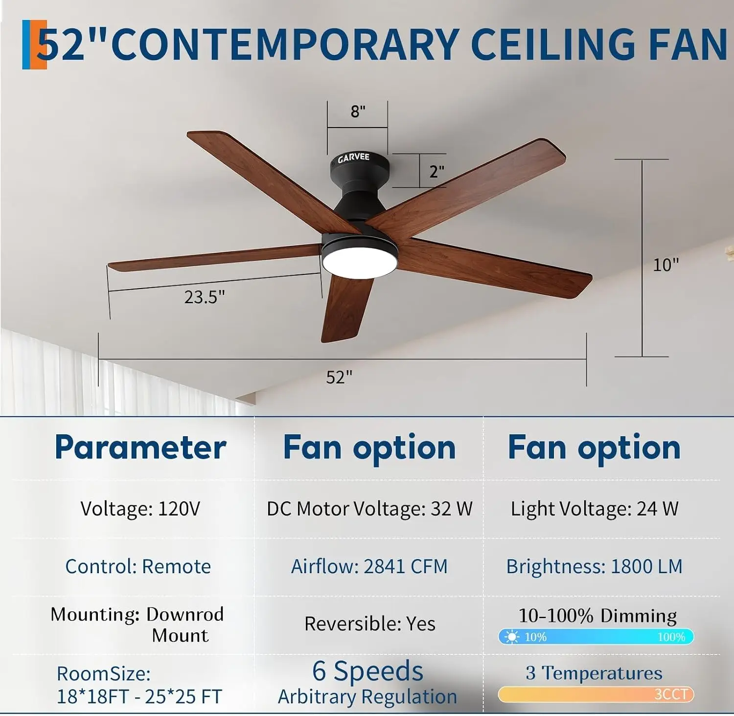 42/52" Low Profile Ceiling Fans with Lights and Wood Blades for Indoor/Outdoor | Remote Control, Flush Mount, 6-Speed, 5 Wood Blades, 3CCT Dimmable LED, Reversible Quiet DC Motor
