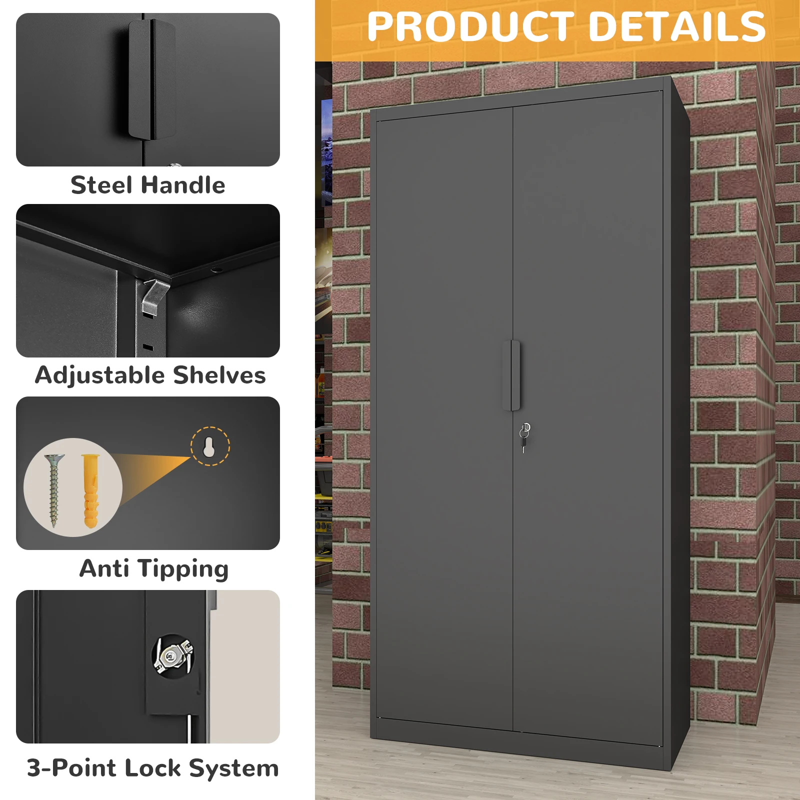 Metal Garage Storage Cabinet With 2 Doors And 4 Adjustable Shelves - 72"/70" Steel Lockable File Cabinet,Locking Tool Cabinets For Office,Home,Garage,Gym,School